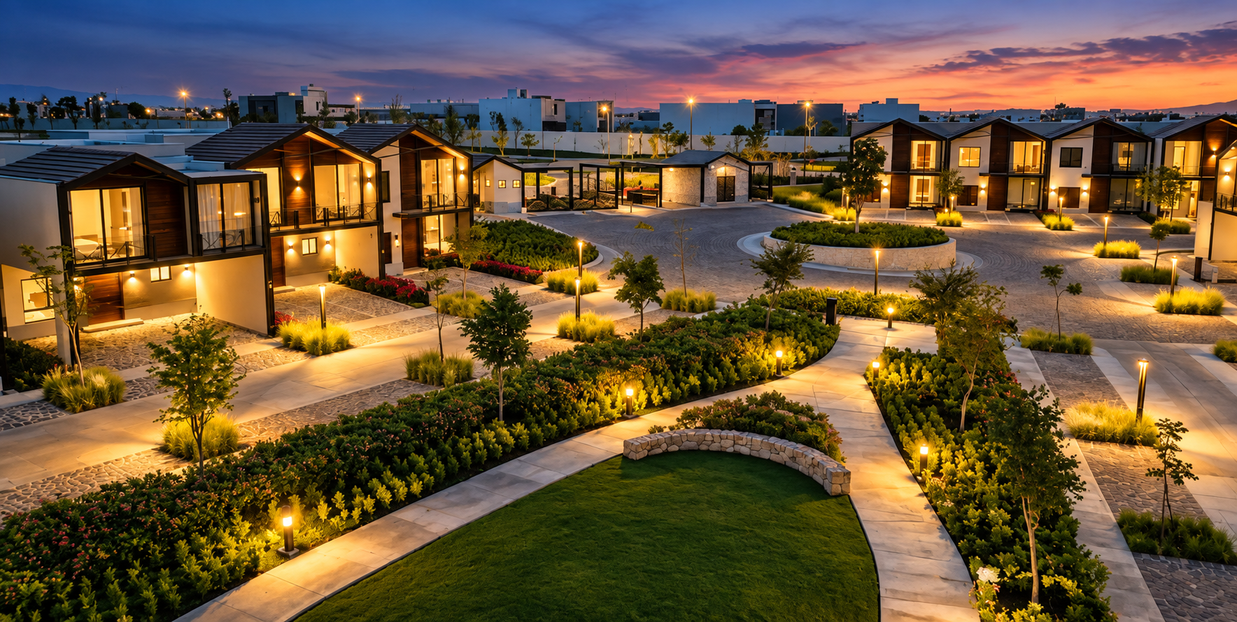 Residencial moderno con jardines iluminados al atardecer, imagen ilustrativa